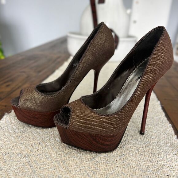 BEBE Brown Peep-Toe Platform Stiletto Heels Size 8 - Picture 3 of 10